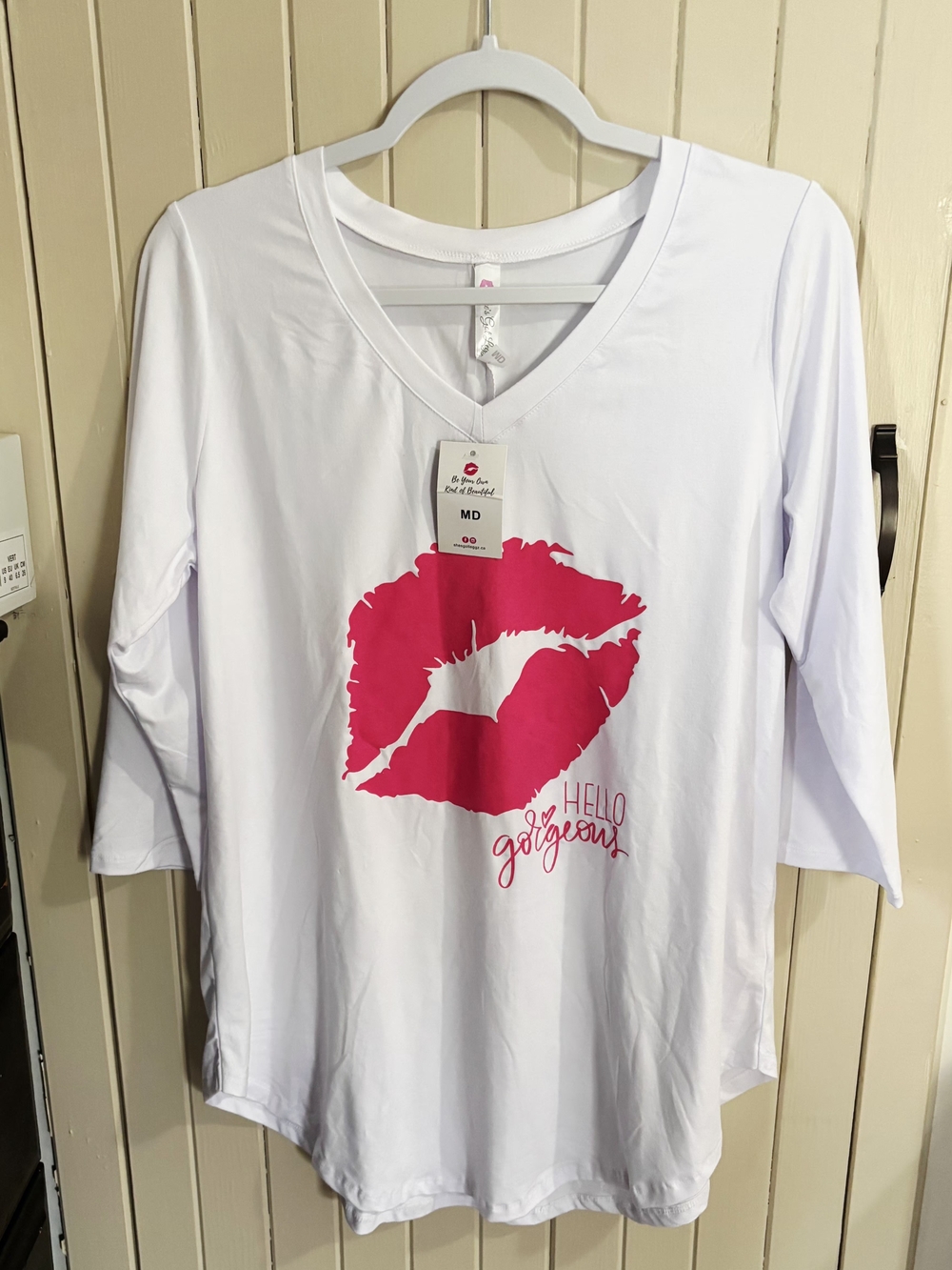 Women’s White V‑Neck 3/4 Sleeve Top with Pink Lip Graphic